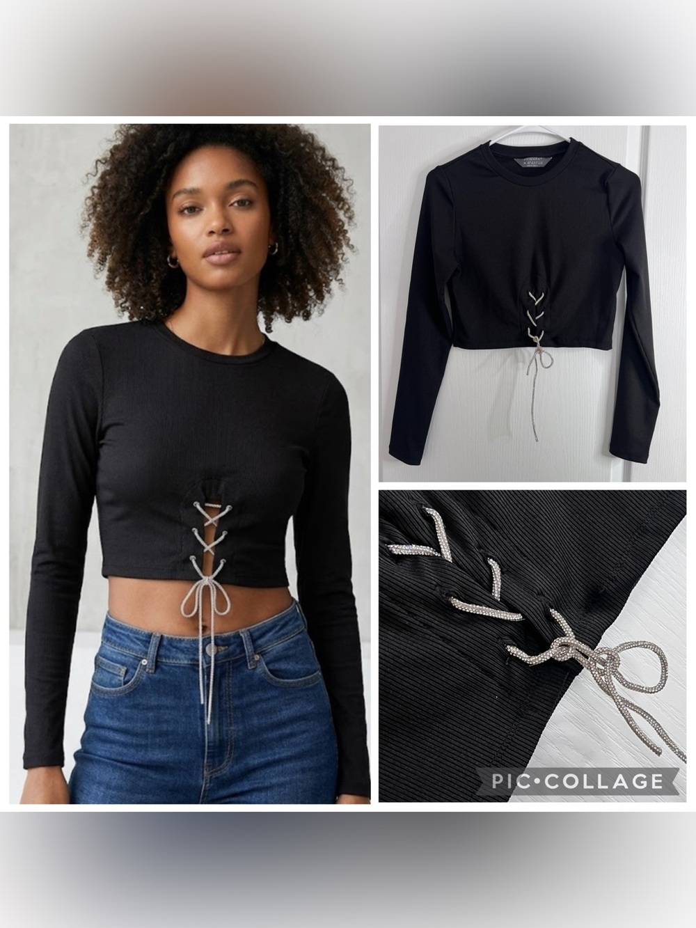 Primark Black Ribbed Lace-Up Cropped Long Sleeve Top size M